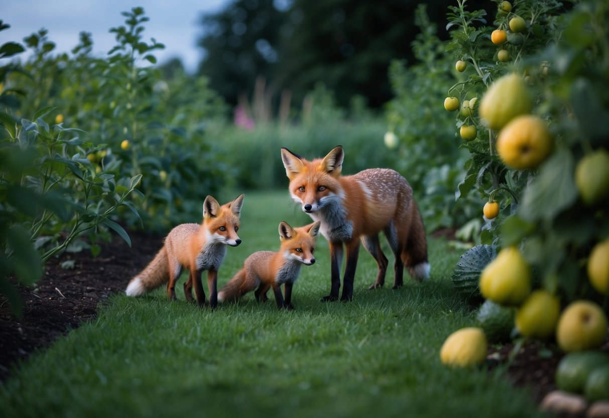 A fox family investigates a lush garden at dusk, drawn to the scent of ripe fruits and vegetables