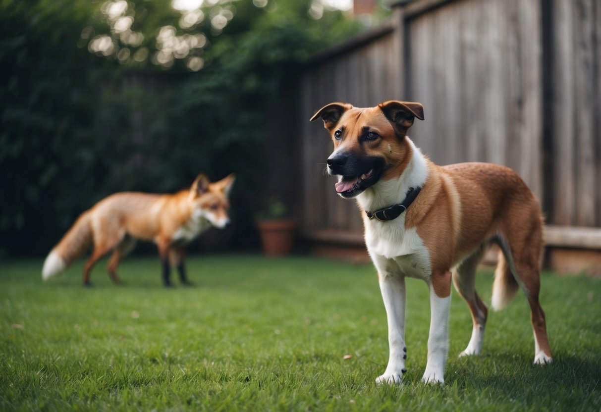 A dog standing alert in a backyard, with a fox lurking in the distance