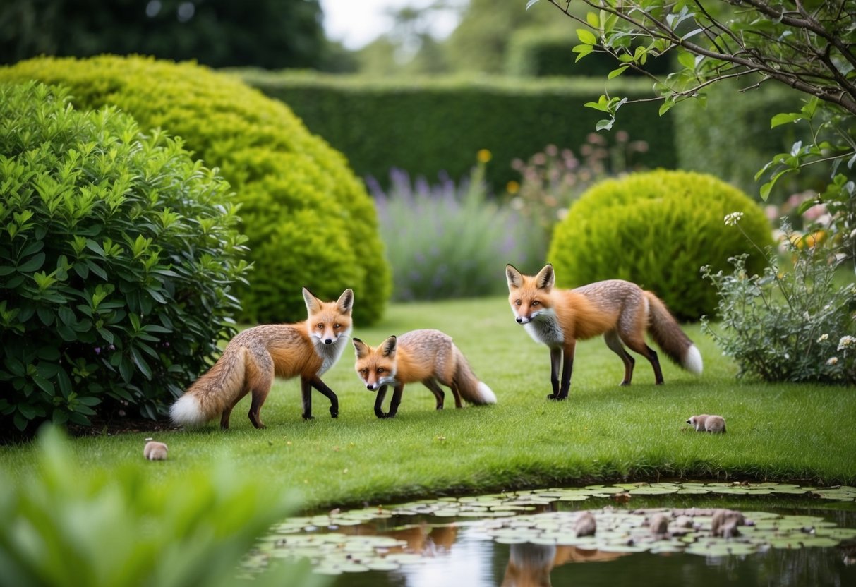 A lush garden with bushes, trees, and a small pond. Foxes roam freely, attracted by the abundance of small animals and insects
