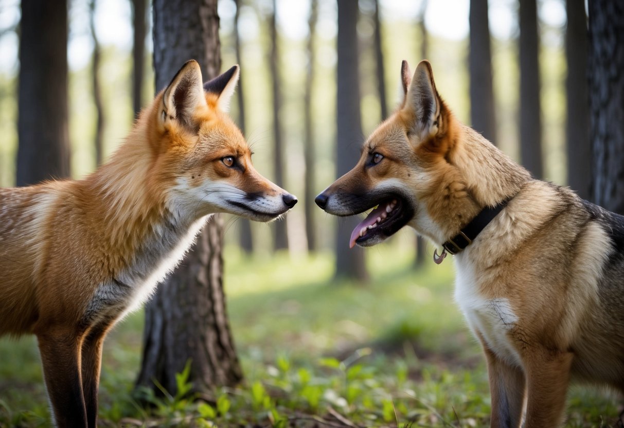 A fox and a dog facing each other in a wooded clearing, with the fox cautiously observing the dog while the dog appears curious and alert