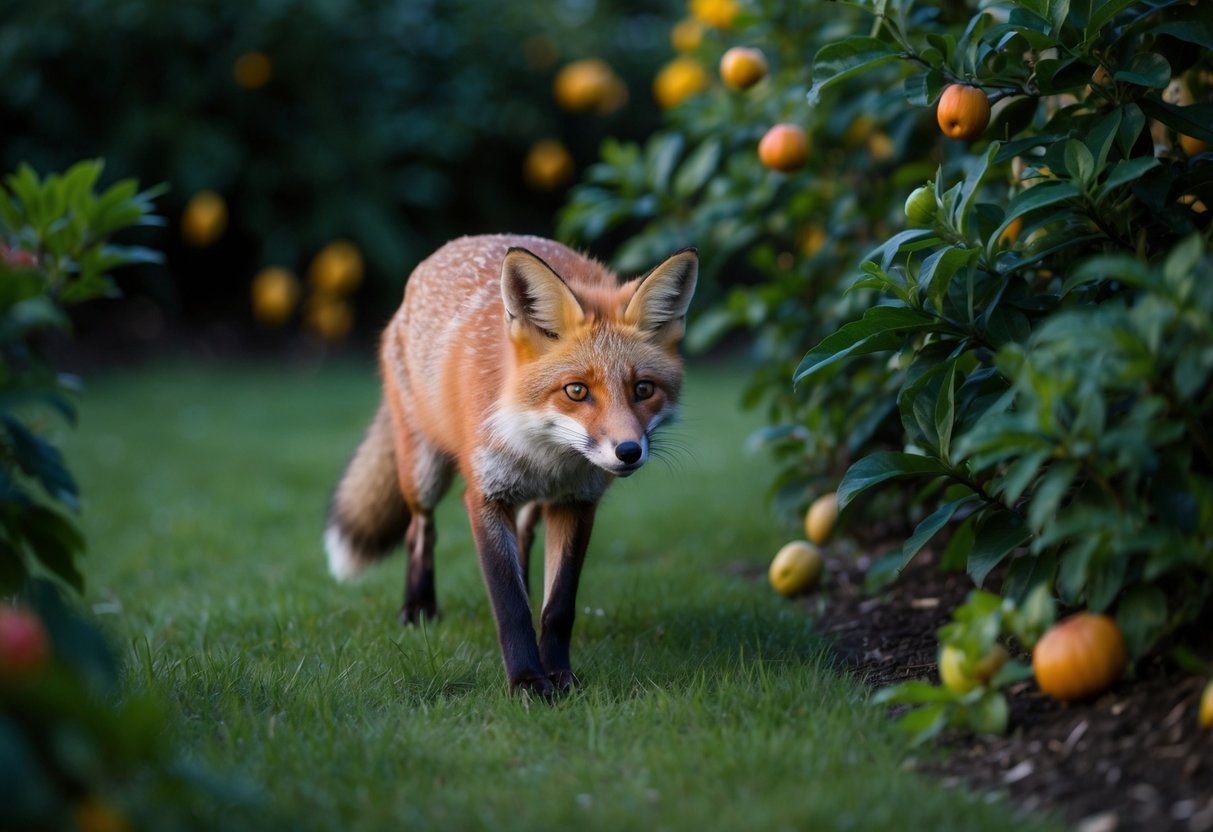 A fox cautiously enters a lush garden at dusk, drawn to the scent of ripe fruits and small prey hiding among the foliage