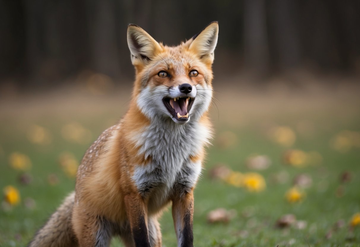 A startled fox stands on its hind legs, mouth open in a silent scream, ears pinned back in fear