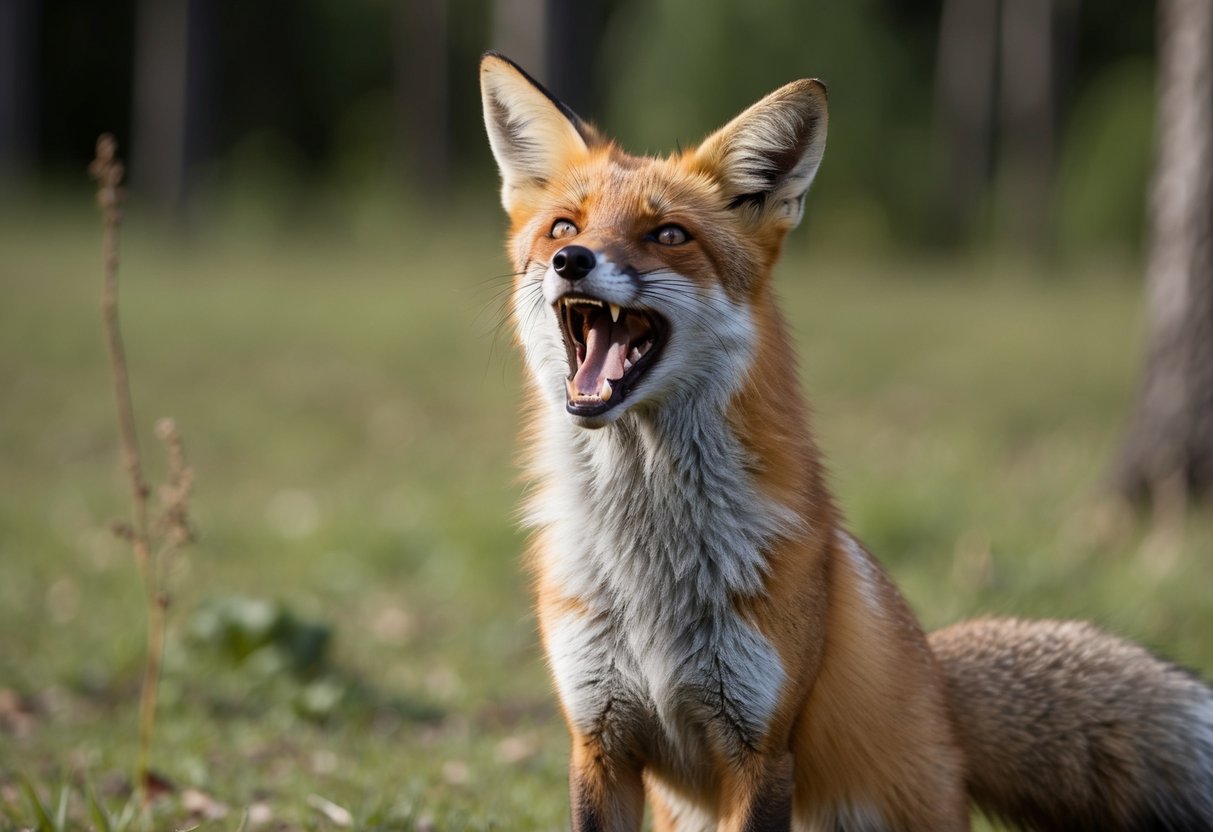 A fox with raised tail and open mouth, emitting loud, high-pitched screams in a forest clearing during mating season