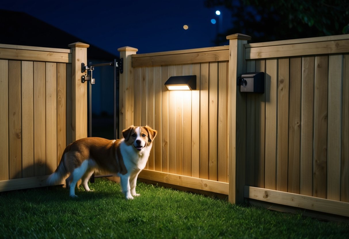 A sturdy wooden fence surrounds the dog, with a secure latch. A motion-activated light illuminates the yard at night