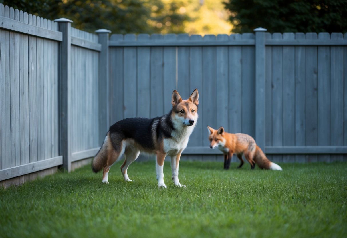 A dog in a fenced yard, with a sturdy, high fence. A fox lurks outside, eyeing the dog