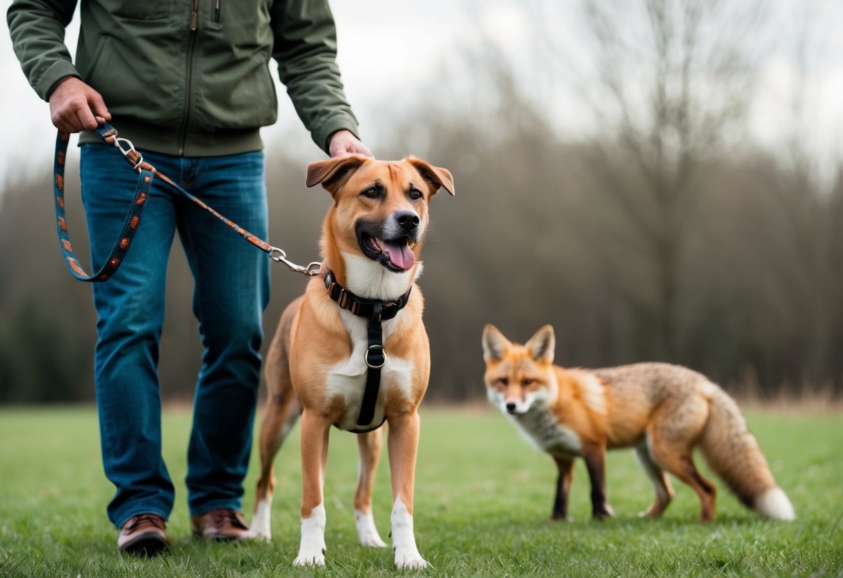 A dog wearing a sturdy collar and leash, standing next to its owner who is holding a stick or whistle, while a fox is lurking in the background