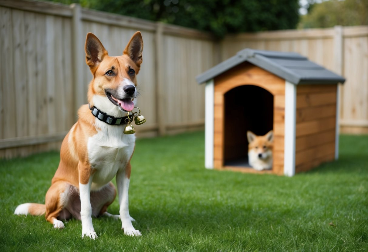 A dog wearing a protective collar with bells, fenced yard, and secure dog house to protect from foxes
