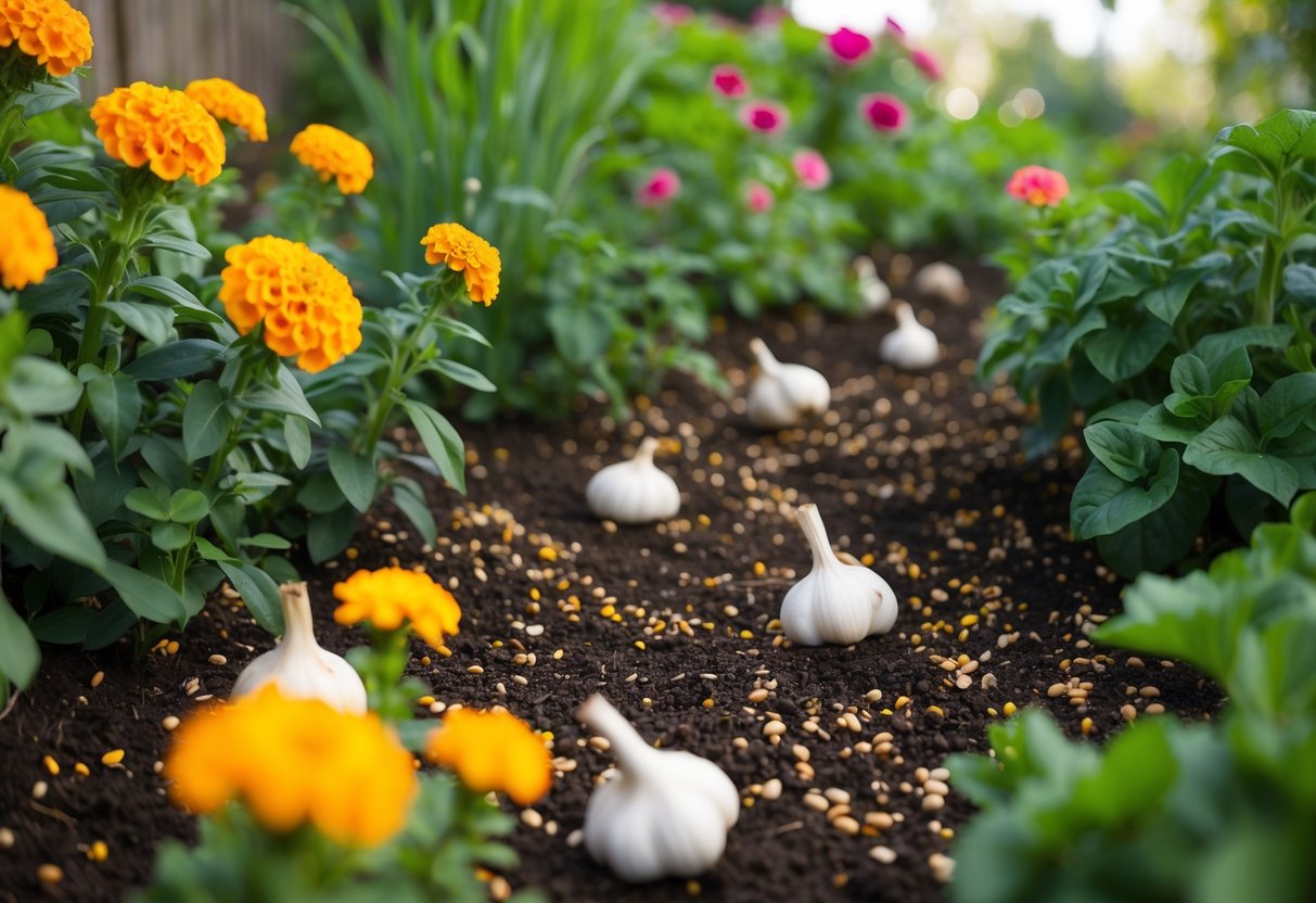 A garden surrounded by plants such as marigolds and garlic, with a scattering of coffee grounds and human hair to deter foxes
