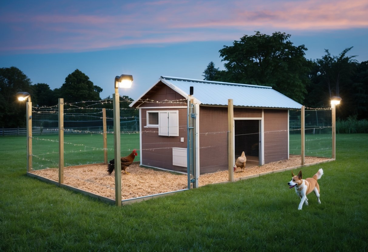 A sturdy fence topped with barbed wire surrounds a chicken coop, while motion-activated lights and a barking dog deter foxes