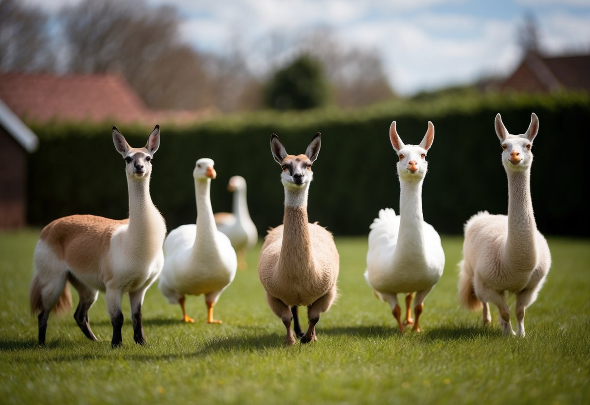 A group of guard animals, such as dogs, geese, or llamas, standing watch around a property to keep foxes away