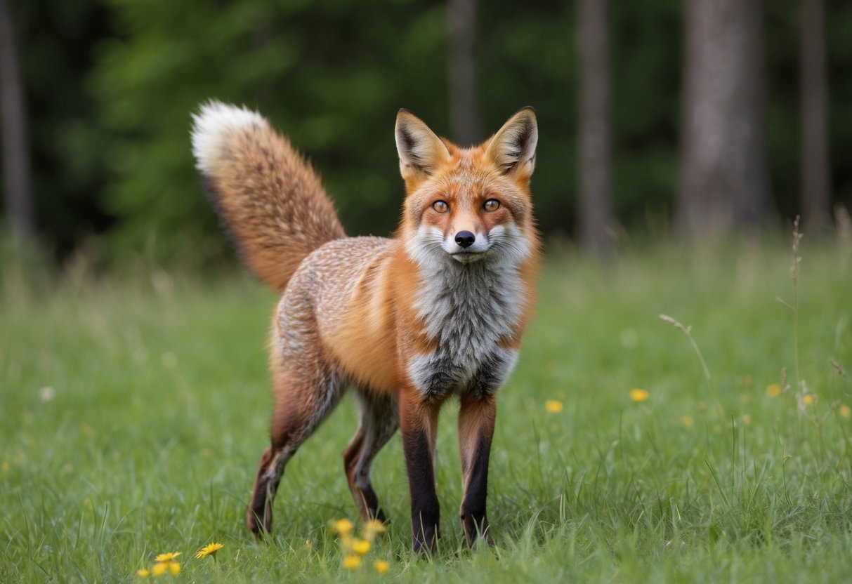 A red fox stands in a green meadow, with a forest in the background. Its bushy tail is raised, and it looks alert