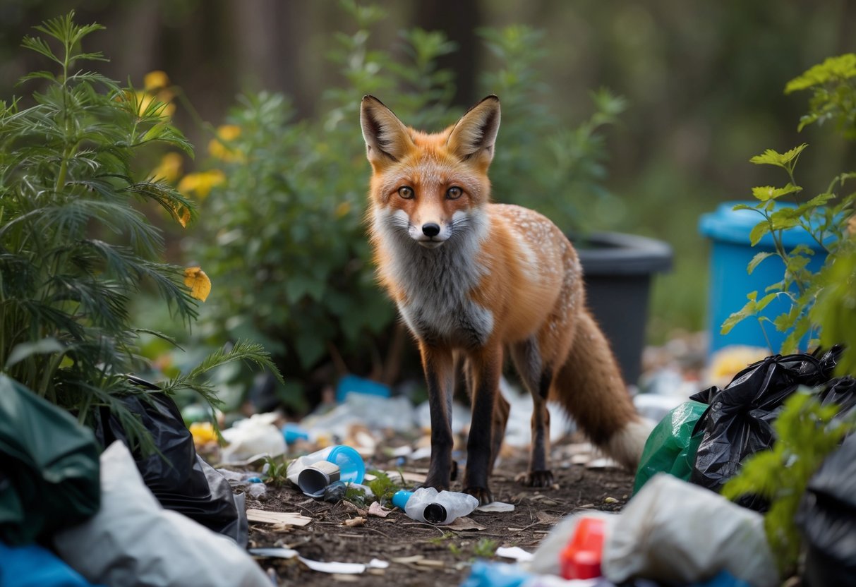 A fox surrounded by toxic plants and garbage