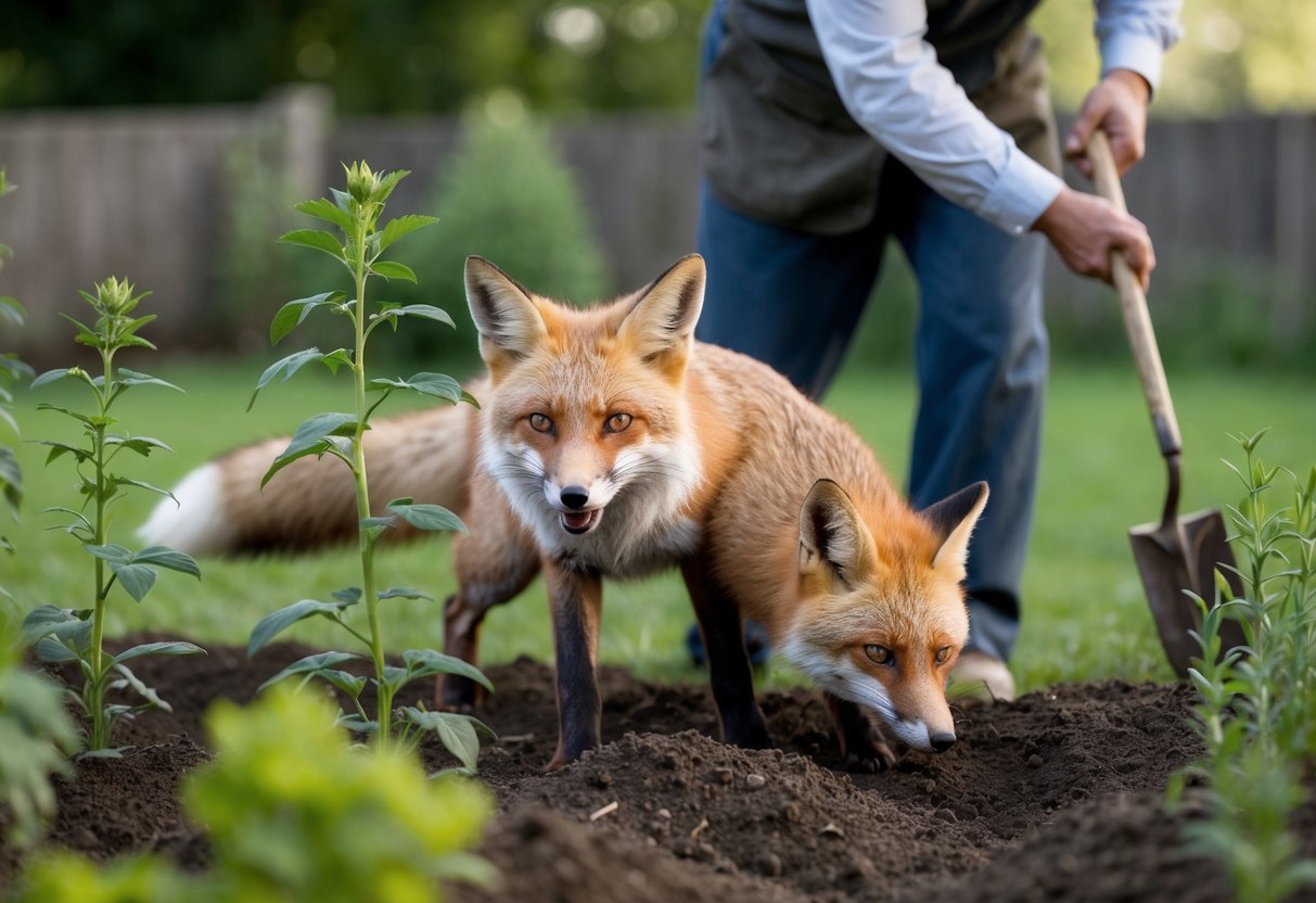 A fox sneaks into a garden, digging up plants. Nearby, a farmer shakes their head in frustration