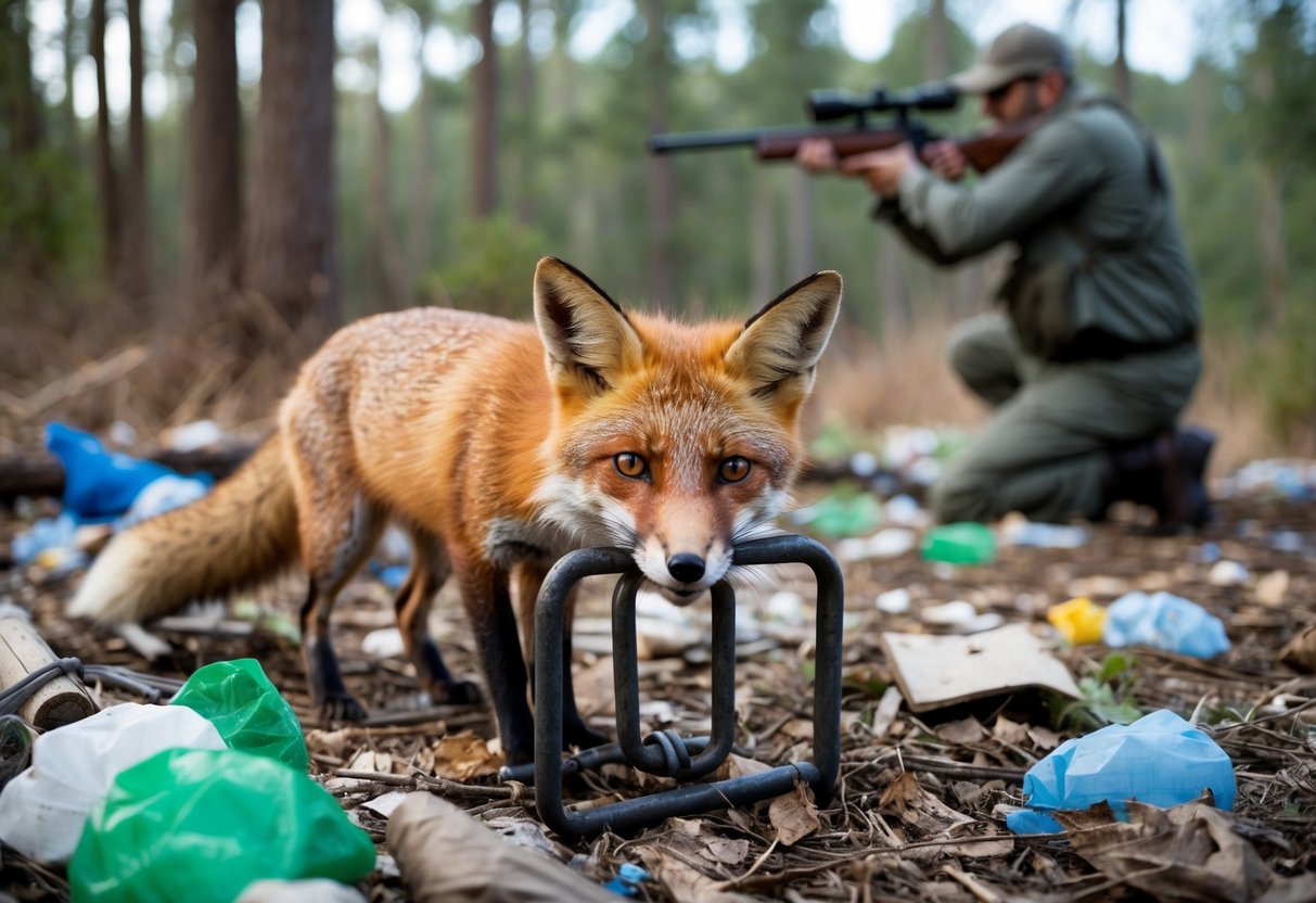 A fox caught in a steel trap, surrounded by litter and deforestation, with a distant hunter aiming a rifle