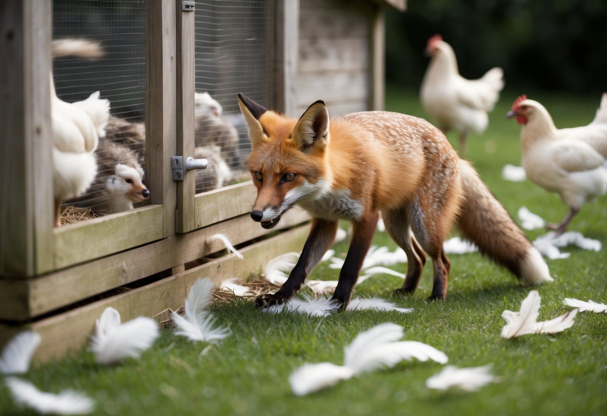 A fox sneaking into a chicken coop, surrounded by scattered feathers and panicked domestic animals