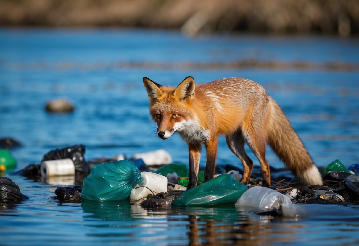 A fox surrounded by trash and polluted water