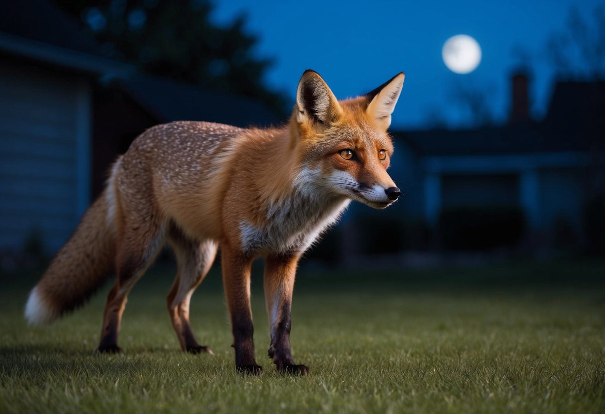 A fox stands alert in a moonlit yard, its eyes gleaming with curiosity as it sniffs the air