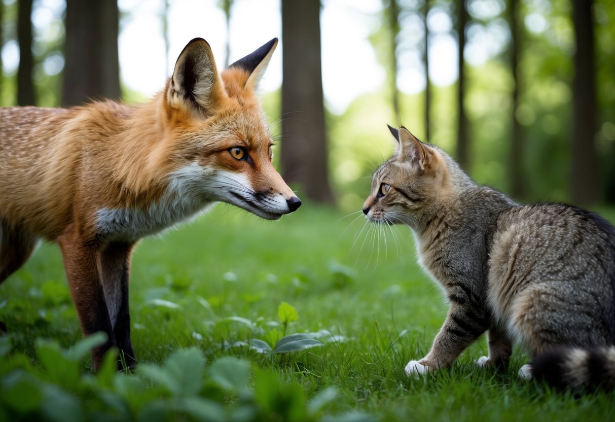 A fox with a wary expression approaches a cautious cat, both surrounded by a lush forest