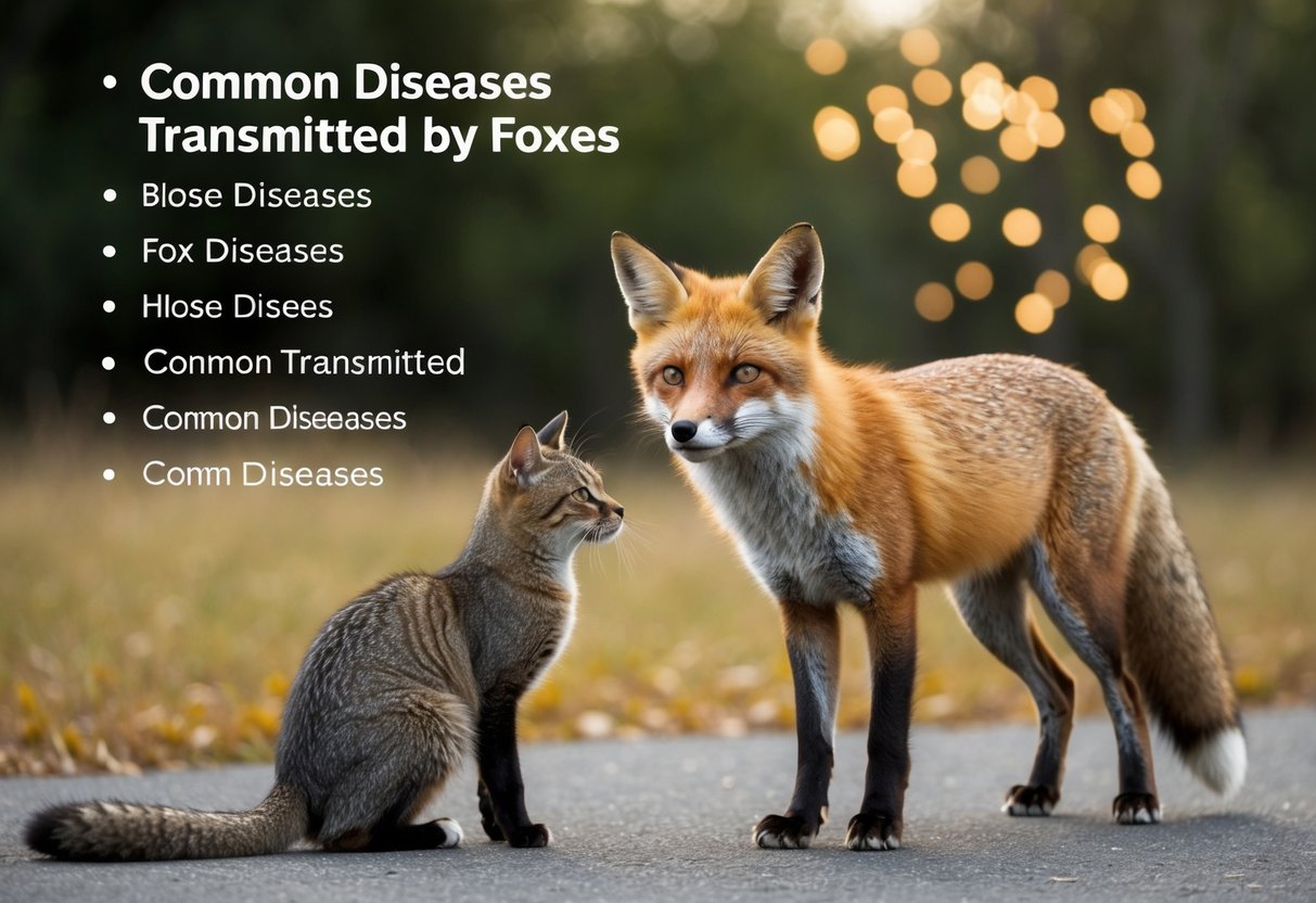 A fox with a sly expression standing near a cat, while a list of common diseases transmitted by foxes hovers above them