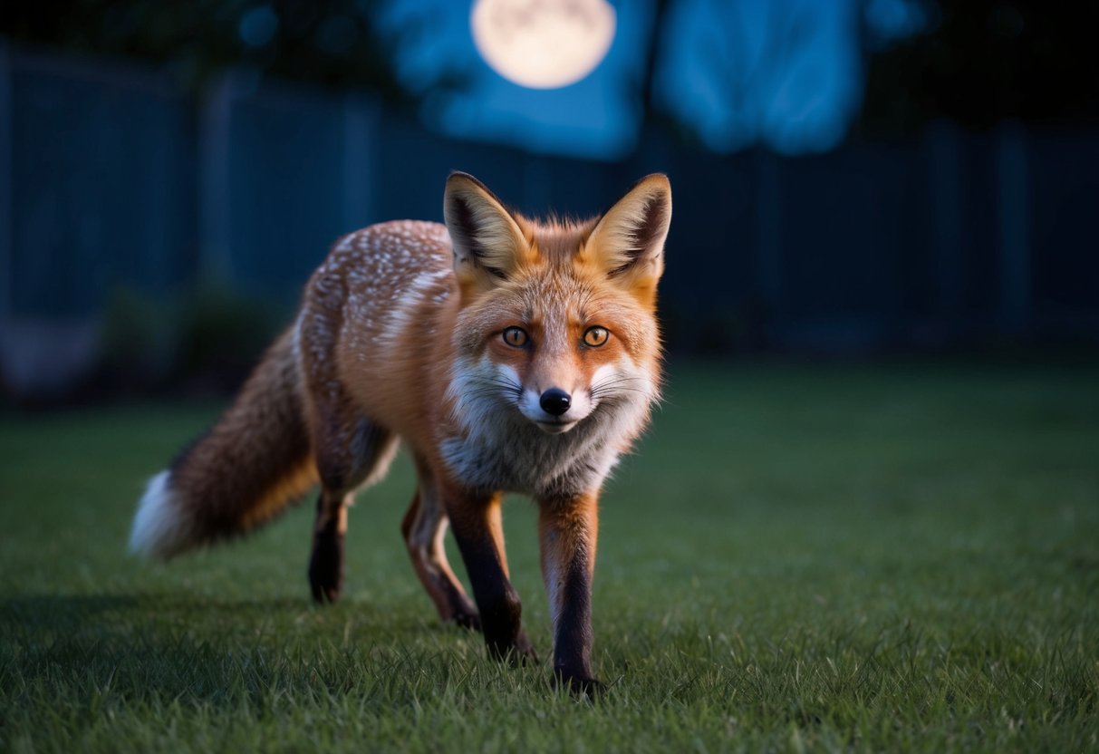 A fox cautiously prowls through a moonlit backyard, its eyes glinting with curiosity and its ears perked up in alertness
