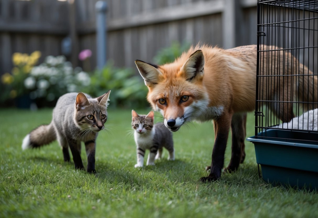 A fox lurking near a backyard, eyeing a small cat and a caged pet