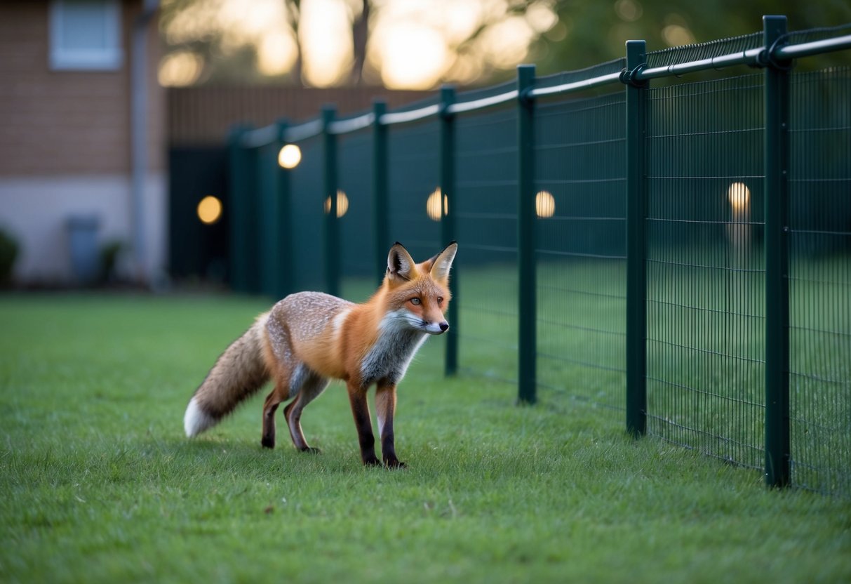 A fox approaches a fenced yard, while deterrents like motion-activated lights and fencing are in place to prevent intrusion