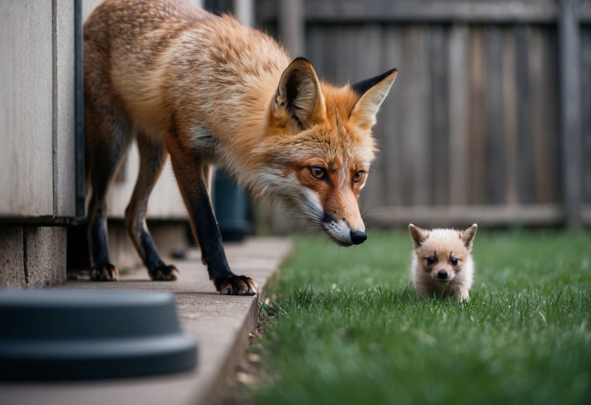A fox lurking near a backyard, eyeing a small pet cautiously