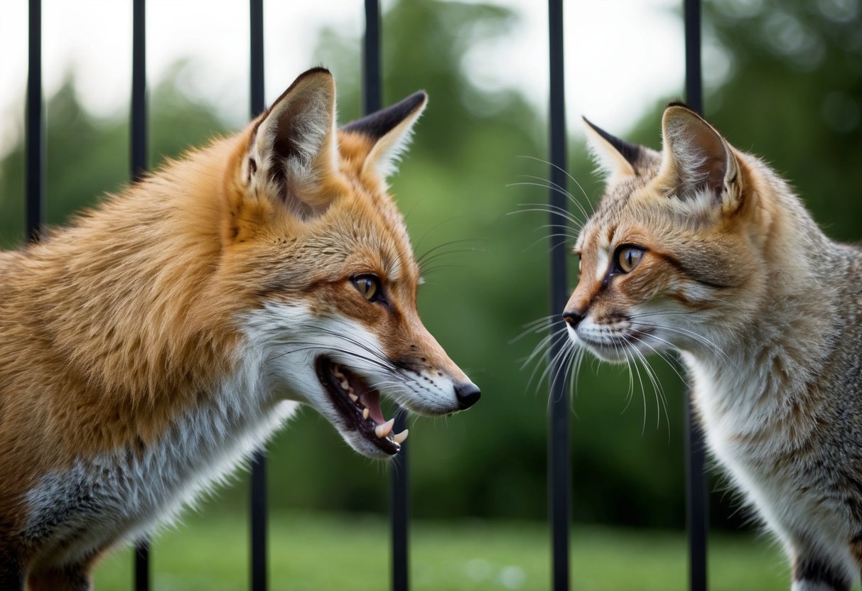 A fox and a cat facing each other, with a barrier between them. The fox is shown with a menacing expression, while the cat looks wary and cautious