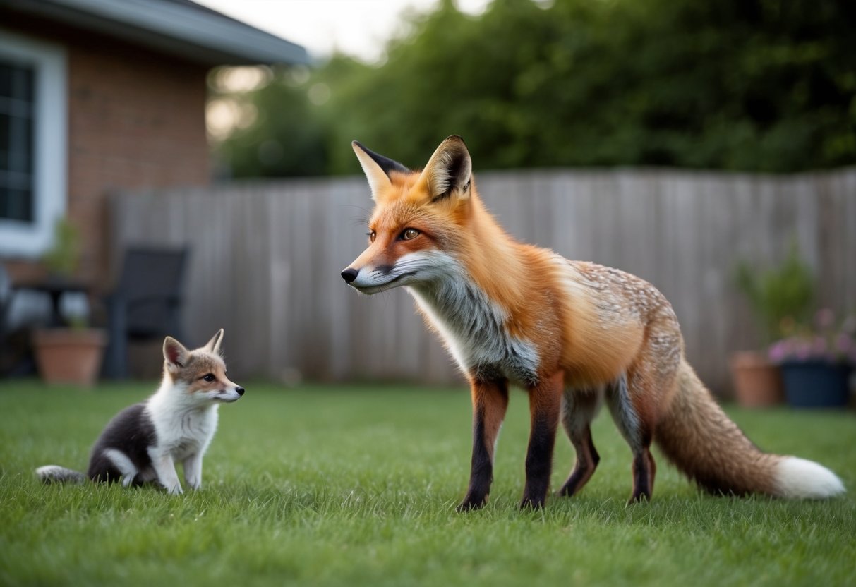 A fox cautiously eyeing a small pet from a distance in a backyard setting