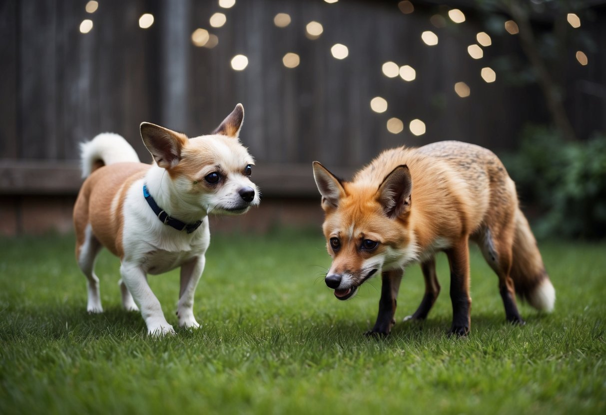 A small dog cautiously eyes a lurking fox in the backyard