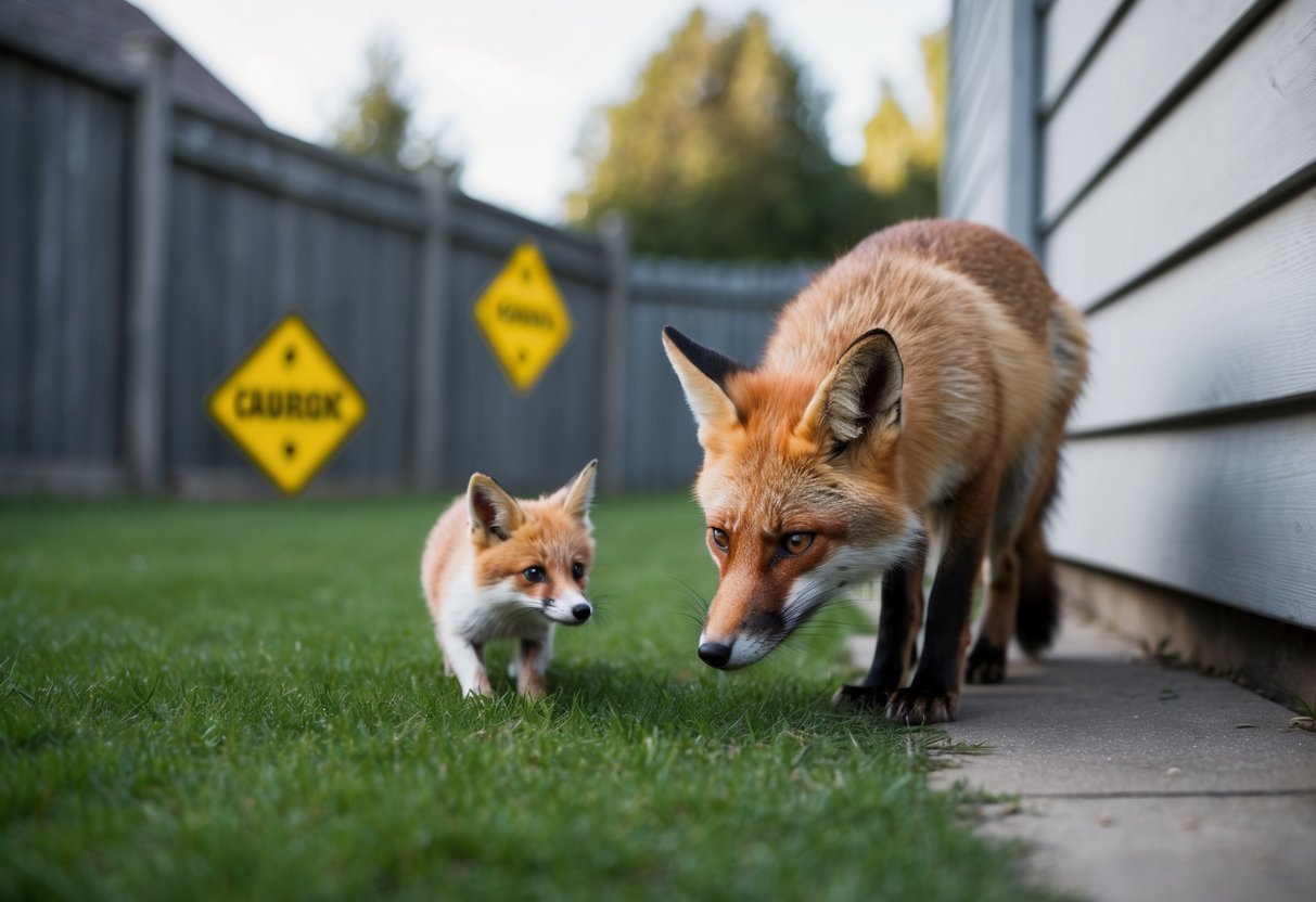 A fox lurking near a backyard, eyeing a small pet cautiously. A fence and caution signs in the background