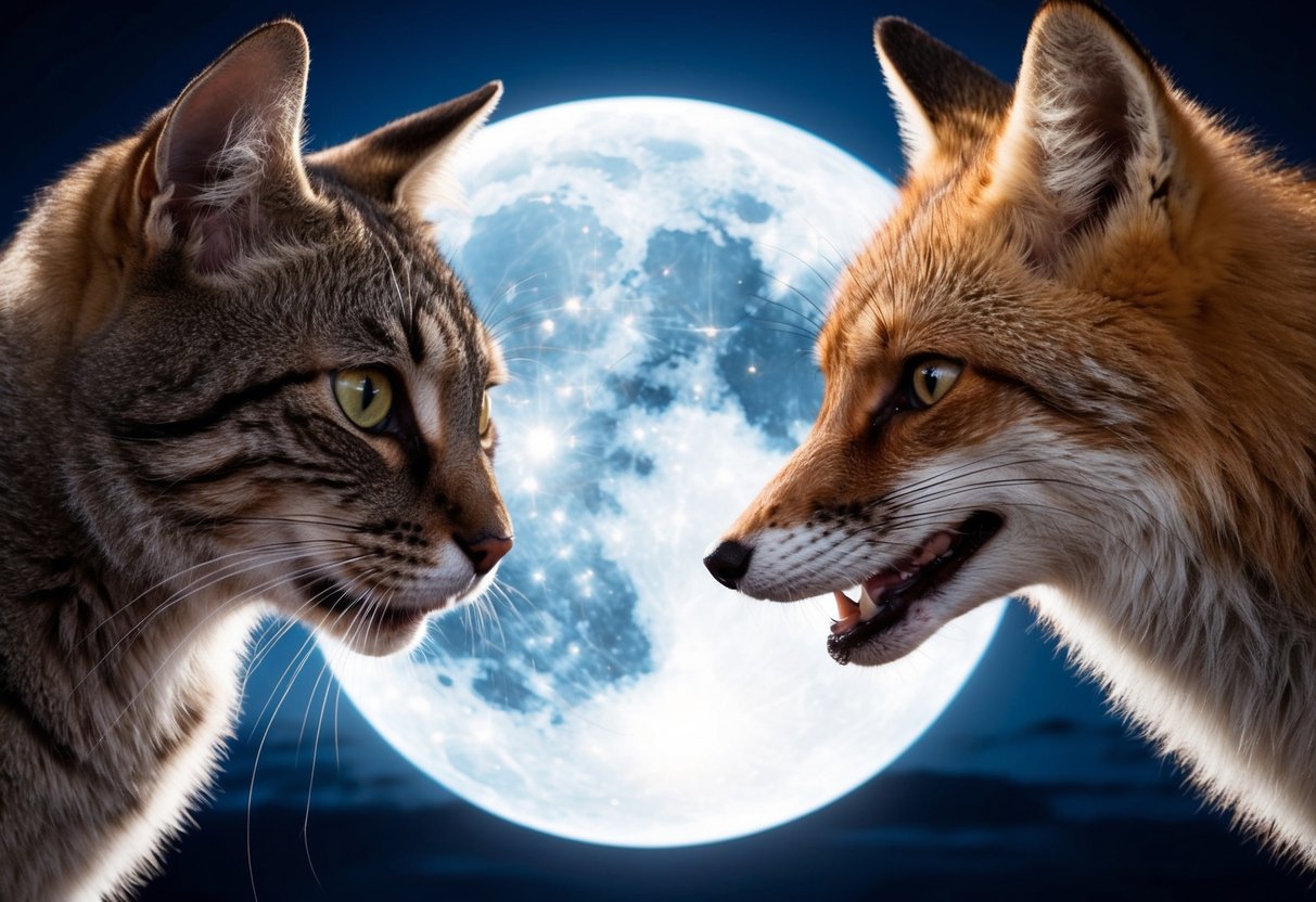 A cat and a fox face off under the moonlight, their eyes locked in a tense stare as they prepare to engage in a nighttime battle