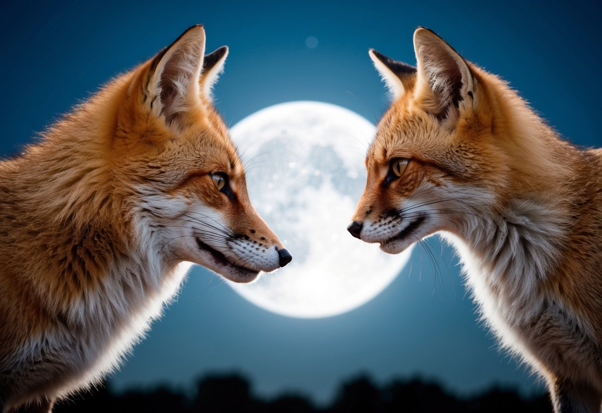 A fox and a cat facing off under the moonlight, their eyes locked in a tense stare, with their bodies poised for a potential confrontation