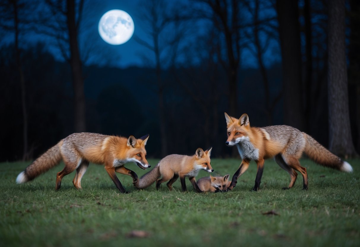 A moonlit forest clearing with a family of foxes hunting and playing under the cover of darkness