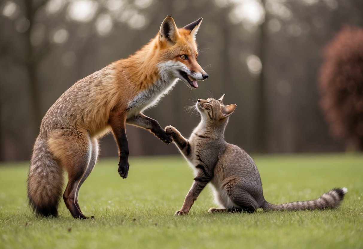 A fox stands on hind legs, barking at a curious cat