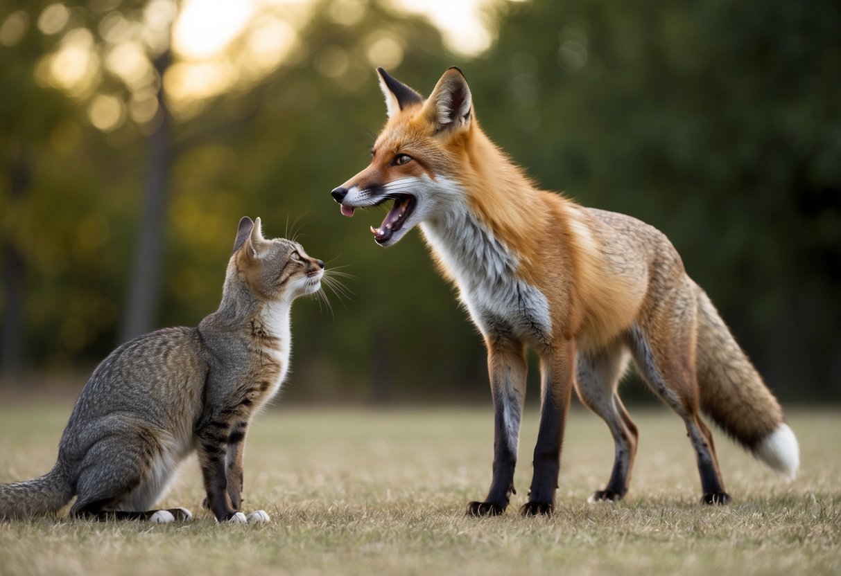 A fox standing in a defensive posture, barking loudly at a cat