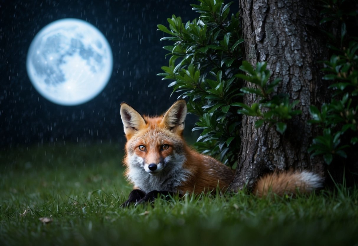 A fox seeks shelter under a thick bush, nestled against the trunk, as rain falls softly in the moonlit night