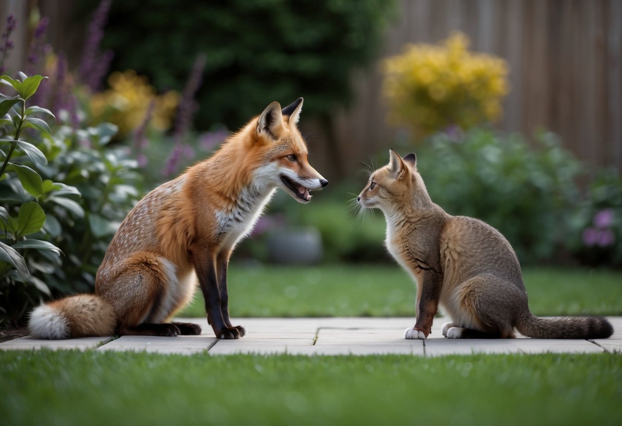 A fox barks at a curious cat in a tranquil urban garden