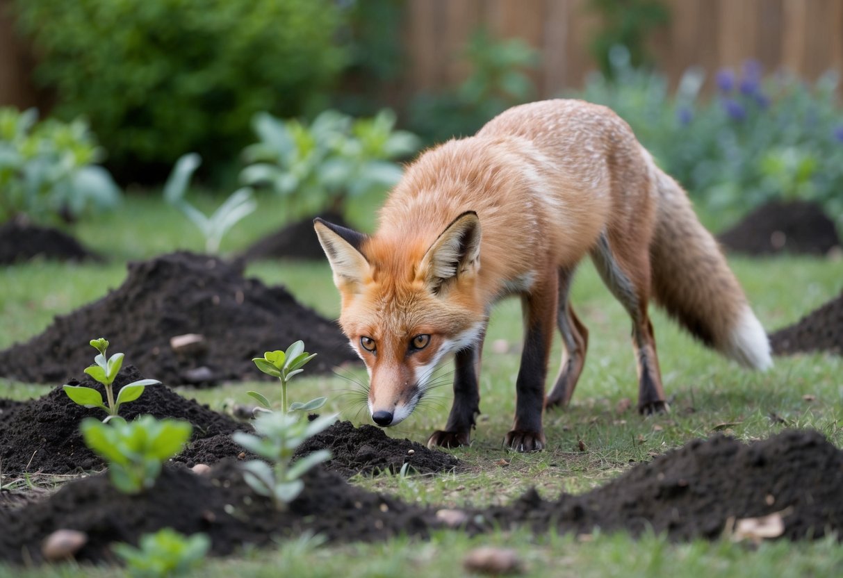 A fox sniffs around a garden, surrounded by scattered plants and overturned soil