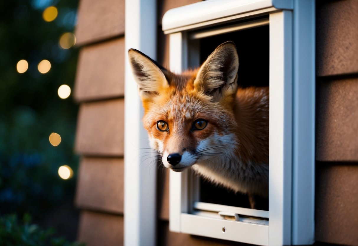 A fox peers curiously through a small cat flap, its orange fur illuminated by the soft glow of a porch light