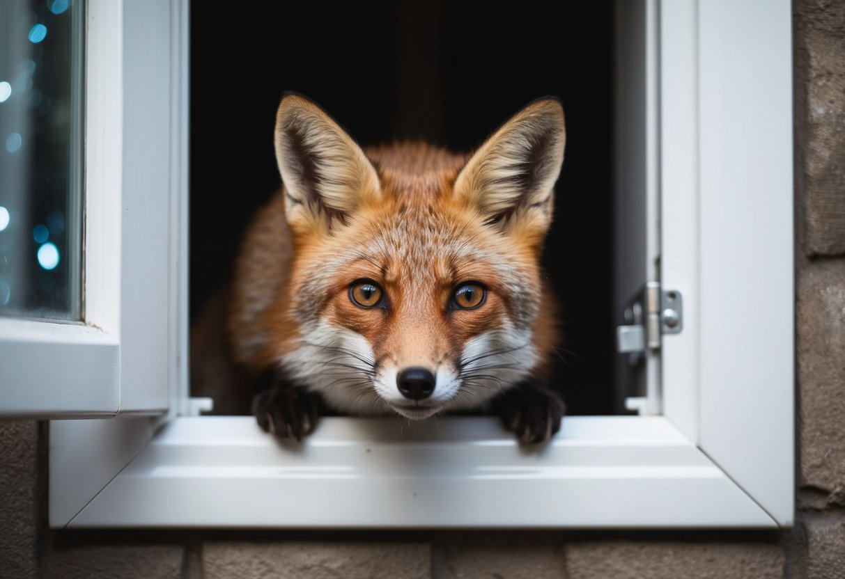 A fox cautiously peeks through a small cat flap, its eyes wide with curiosity and its ears perked up