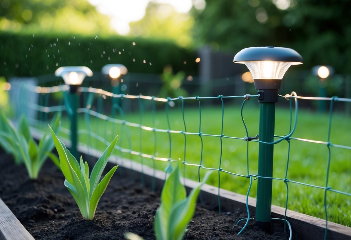 A garden with raised wire fences, motion-activated sprinklers, and solar-powered lights to deter foxes