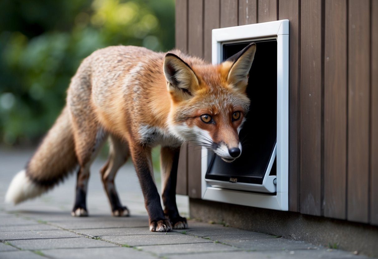 A fox cautiously approaches a small cat flap, sniffing and peering through before squeezing its body to slip inside