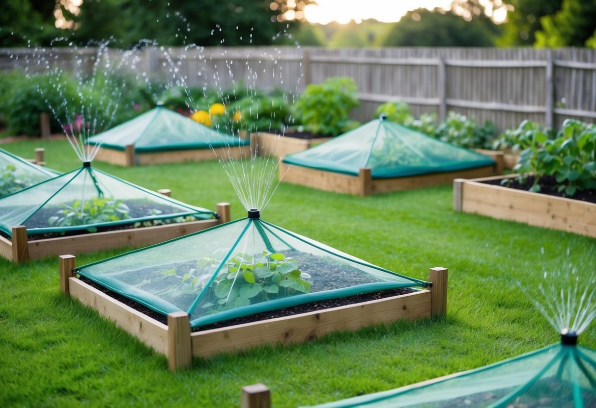 A garden with raised fences, motion-activated sprinklers, and mesh covers on vegetable beds to deter foxes