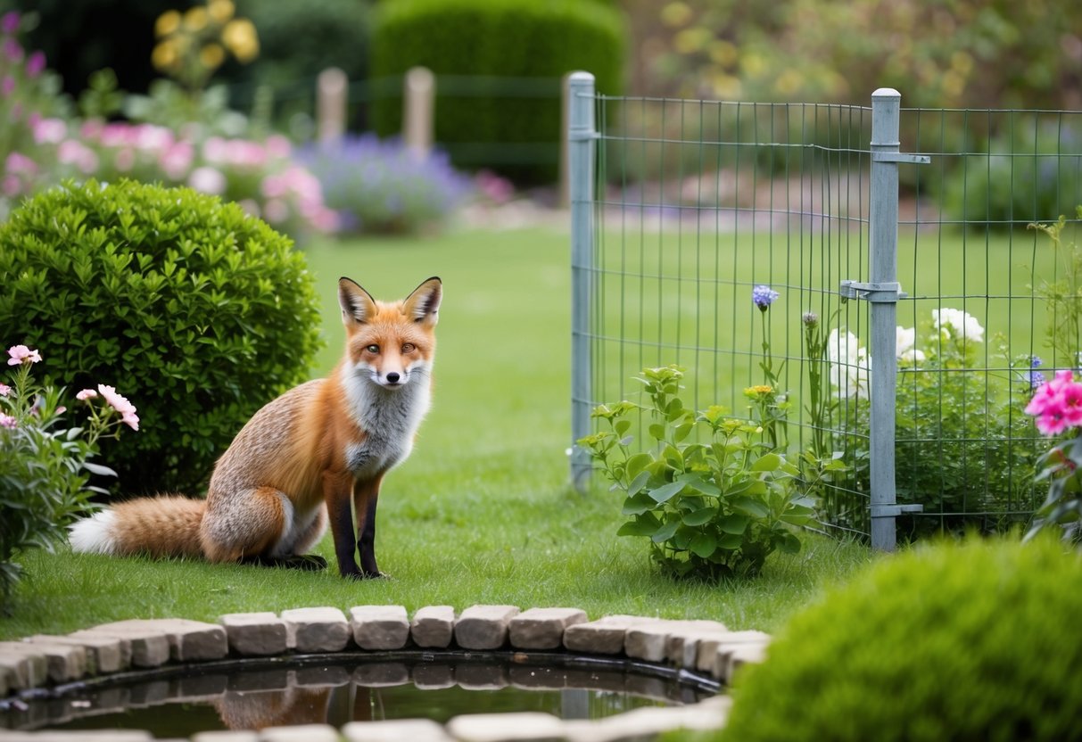 A fox peacefully coexisting in a lush garden, with flowers, bushes, and a small pond, surrounded by a fence to prevent access to sensitive areas