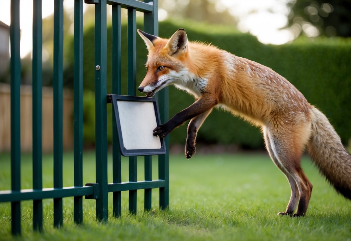 A fox tries to squeeze through a small cat flap in a garden gate, but its body is too large to fit through