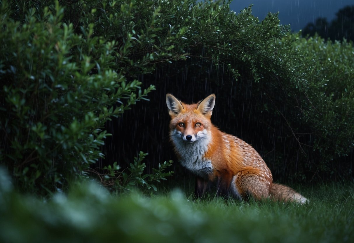 A red fox seeks shelter under a dense thicket of bushes, its fur glistening with raindrops as it waits out the storm in the darkness of the night