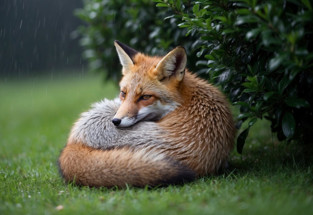 A fox curls up under a thick bush, sheltered from the rain, with its tail wrapped around its body