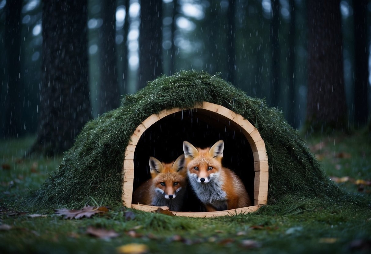 A fox den nestled in a dark forest, with rain falling and the foxes seeking shelter inside