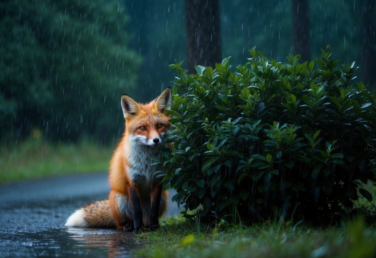 A red fox seeks shelter under a thick bush as rain pours down at night in a temperate forest